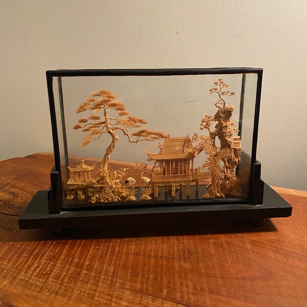 Vintage Asian Oriental Hand Carved Cork Art Shadow Box