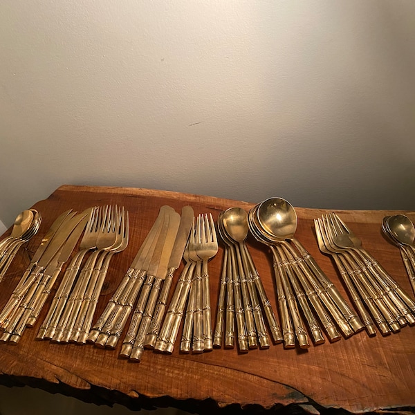 53 piece bamboo nickel bronze flatware set