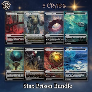 May include: A collection of eight rectangular trading cards titled Stax Prison Bundle, featuring artwork for Ensnaring Bridge, Karn, the Great Creator, Nevinyrral's Disk, Pithing Needle, Static Orb, Tangle Wire, Torpor Orb, and Winter Orb.