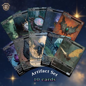 May include: A collection of ten trading cards featuring fantasy illustrations and names including Chrome Mox, Mox Diamond, Mox Opal, Sol Ring, Urza's Bauble, Lotus Petal, Mishra's Bauble, Memnite, Phyrexian Revoker, and Ornithopter, labeled Artifact Set 10 cards.