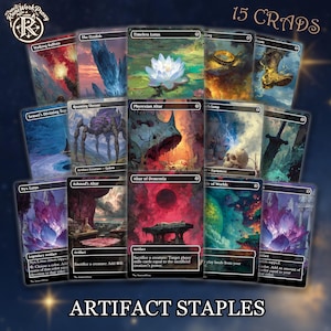 May include: A collection of 15 rectangular trading cards featuring fantasy illustrations, including a white lotus, a golem, and a skull. The cards are arranged in a grid, each with black borders and text. The top left corner displays a logo with the text RuneWorkProxy.