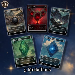 May include: Five rectangular game cards titled Jet Medallion, Ruby Medallion, Pearl Medallion, Emerald Medallion, and Sapphire Medallion. Each card features a unique gemstone illustration and text describing its artifact ability to reduce spell costs.