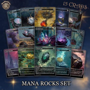 May include: A collection of 15 fantasy-themed trading cards titled Mana Rocks Set, featuring individual cards like Mox Opal, Mox Diamond, Mox Amber, Jeweled Lotus, and Chrome Mox. Each card displays detailed, colorful illustrations of magical artifacts.