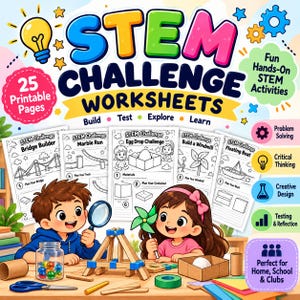 Puede incluir: Un conjunto de 25 hojas de trabajo imprimibles de desafíos STEM con ilustraciones de niños construyendo proyectos. El texto incluye STEM CHALLENGE WORKSHEETS, Build, Test, Explore, Learn y varios títulos de actividades.