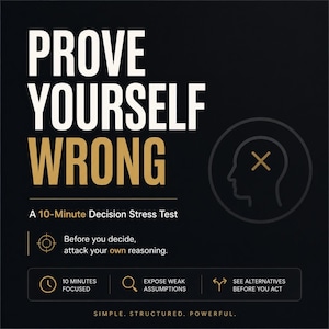 May include: A black graphic poster with white and gold text reading PROVE YOURSELF WRONG, A 10-Minute Decision Stress Test. It includes icons for a target, clock, magnifying glass, and branching arrows, with the text Simple. Structured. Powerful.