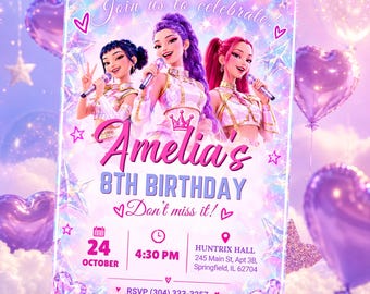 May include: A rectangular birthday invitation card featuring three animated characters holding microphones. The text reads: Join us to celebrate! Amelia's 8TH BIRTHDAY Don't miss it! 24 OCTOBER 4:30 PM HUNTRIX HALL 245 Main St, Apt 3B, Springfield, IL 62704 RSVP (304) 333-3257.