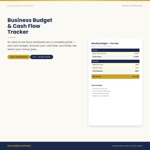 May include: A digital Business Budget & Cash Flow Tracker template featuring a monthly budget table with income, expenses, and net profit sections. The layout includes text labels for an Excel workbook and PDF guide, with a clean, professional design.