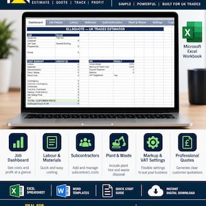以下が含まれることがあります： Ellsquote UK Trades Estimatorソフトウェアを表示するノートパソコンの画面。これはジョブ見積もりのためのMicrosoft Excelワークブックです。インターフェースにはダッシュボード、コスト概要、KPIセクションが含まれています。下部にはジョブ管理、労務、資材、見積もりのアイコンが並んでいます。
