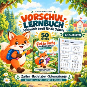 Puede incluir: Un libro de aprendizaje preescolar titulado Fini der Fuchs kommt in die Schule con un zorro de dibujos animados con mochila y lápiz. La portada muestra una escuela y un paisaje natural. Una página interior muestra ejercicios de conteo con estrellas, manzanas, peces, corazones, globos y flores.