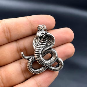 Può includere: Un ciondolo in metallo color argento a forma di serpente cobra avvolto, con il cappuccio spiegato e la bocca aperta. La superficie presenta squame dettagliate e accenti scuri ossidati per evidenziare la trama. Una contromaglia è fissata in alto.