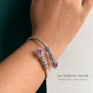 Ruby Sterling Silver Cuff Bracelet, 925 Oxidised Bangle, Handmade Boho Gift for Her