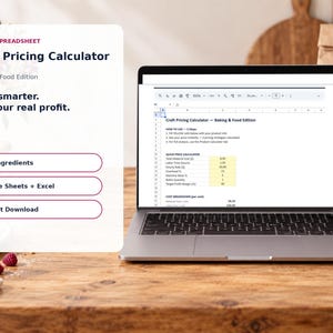 May include: A laptop displaying a digital Craft Pricing Calculator spreadsheet for baking and food businesses. The screen shows columns for material costs, labor time, and profit margins. Text includes Digital Spreadsheet, Price smarter, 50+ Ingredients.