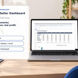 May include: A digital spreadsheet Etsy Seller Dashboard income and profit tracker displayed on a laptop screen. The interface shows a monthly dashboard with sales data, revenue, fees, and profit margins, alongside text labels for 12 tabs and Google Sheets.