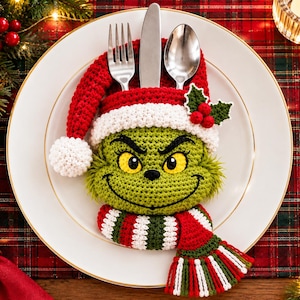 Mönster för virkad bestickhållare till jul i PDF-format, bestickficka till Grinchen, julbordsdekorationer, amigurumi till Grinchen, dekorationer till jultomten
