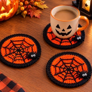 Haakpatroon voor Halloween-onderzetters (PDF), patroon voor spinnenweb-mokonderzetter, tafeldecoratie voor Thanksgiving, griezelig herfsthaakproject, direct te downloaden