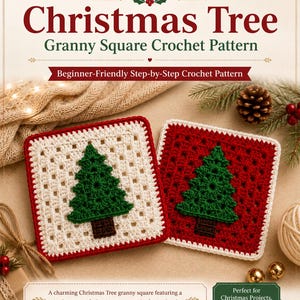 Puede incluir: Dos motivos cuadrados de ganchillo con un diseño de árbol de Navidad verde en relieve. Un cuadrado tiene fondo blanco con borde rojo, mientras que el otro tiene fondo rojo con borde blanco. El texto dice: Christmas Tree Granny Square Crochet Pattern.
