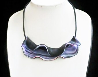 Swirly marbled blue purple pink fold sculptured necklace with 3 or 4 mm rubber necklace/ polymer clay folded over rubber basic necklace