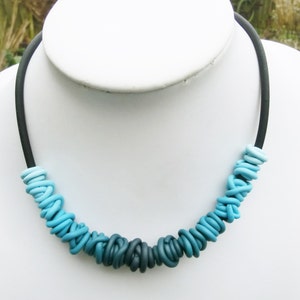 Petrol blue gradient wire beads necklace/ each bead a different colour/ ombre polymer clay on rubber base chain/ choose enclosure image 2