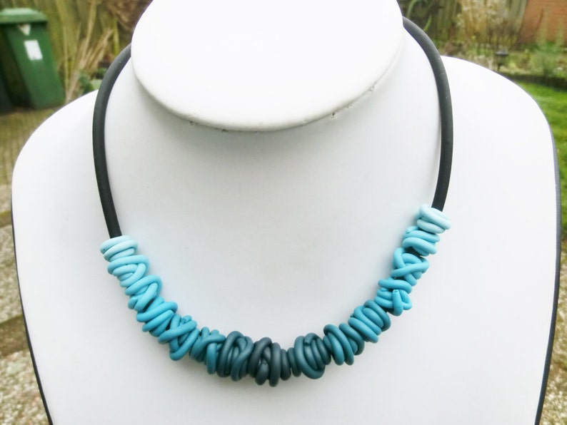 Petrol blue gradient wire beads necklace/ each bead a different colour/ ombre polymer clay on rubber base chain/ choose enclosure image 2