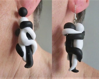 Intimate couple earrings/ black and white Fimo (polymer clay) figurines inspired on a bronze sculpture/ hanging with hook or ball with stud