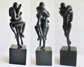 INTIMATE Bronze sculpture/ loving figures/ entwined bodies/ lying or standing up with a rod on a black granite pedestal/ total 12.7" high
