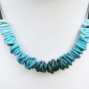 Petrol blue gradient wire beads necklace/ each bead a different colour/ ombre polymer clay on rubber base chain/ choose enclosure image 1