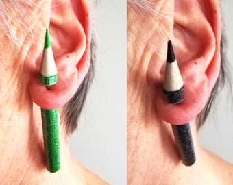 Real color pencil through the ear/ Fake gauge plug earrings / two parts/ glitter crayons/ plastic protection/ rubber tubing/ one or pair