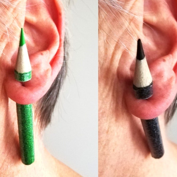 Real color pencil through the ear/ Fake gauge plug earrings / two parts/ glitter crayons/ plastic protection/ rubber tubing/ one or pair