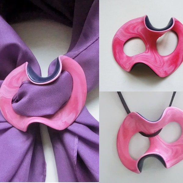 Scarf brooch/ marbled pink purple swirly big button to put a shawl throug/ pendant/ wavy polymer clay shape pink up purple under