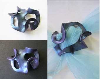 Scarf brooch/ metallic blue violet or pendant/ swirly curly polymer clay with several apertures/ many possibilities for a shawl