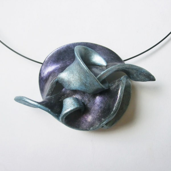 Metallic brooch pendant purpel blue necklace with neck wire/ wavy curly shape with points/ Fimo with transparent paint/hangs on pin or eyes