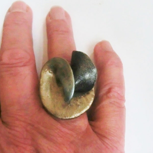 Big silver gold black ring with adjustable metal band/ black polymer clay one side painted with silver and gold metal powder