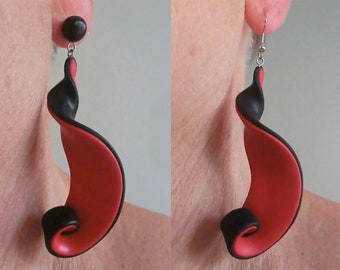 Red and black wavy long dangle earrings/ swirly twisted polymer clay/ French hooks or black bullet with steel studs/ make a set