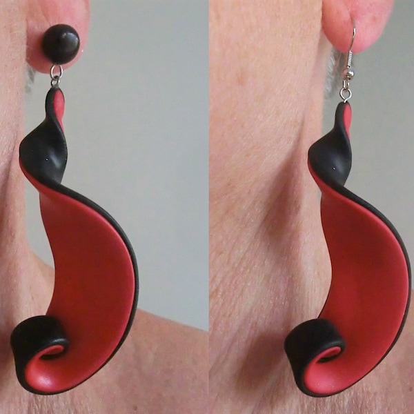 Red and black wavy long dangle earrings/ swirly twisted polymer clay/ French hooks or black bullet with steel studs/ make a set