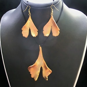 Yellow gold autumn leaf  jewelry set/ polymer Ginco leaf print/ pendant with  matching dangle earrings