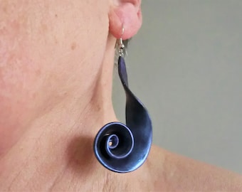 Blue metallic dangling earrings/ polymer clay (Fimo) blue purple metal powder/ curly swirly spiral shape/ posts or clips possible