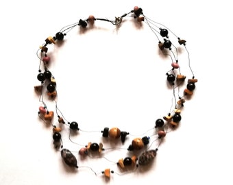 Black-brown beads necklace/ with thin black iron wire/ different tiger's eye and onyx beads/ 2 parts, 1 strand+3 strands with lobster