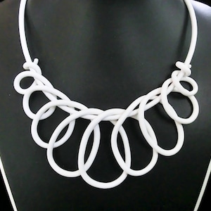 White Polymer Clay Looped Bib Necklace: Rubber Cord Pendant