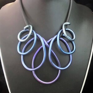 Metallic Spiral Fimo Necklace: Gradient Green Blue Purple Rubber Cord