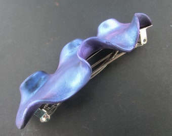 Metallic blue purple hair clip/ organic wavy polymer clay painted with metalpowder on a 4" metal French barrette