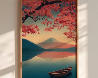 May include: A framed wall art print featuring a landscape illustration of a snow-capped mountain reflected in a calm lake. In the foreground, a small wooden boat floats on the water, framed by overhanging branches with vibrant red leaves.