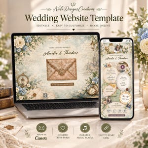 May include: A laptop and smartphone displaying a wedding website template with vintage floral motifs, an envelope graphic, and the text Amelia & Theodore. The design includes sections for RSVP, details, and a countdown timer, all editable via Canva.