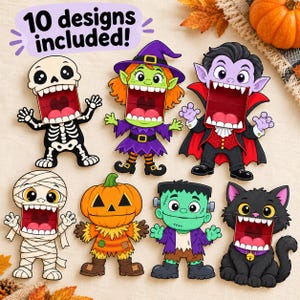 Op de afbeelding: Een set van 10 Halloween-papieren figuren met een skelet, heks, vampier, mummie, pompoen, Frankenstein-monster en zwarte kat. Elk personage heeft een ontwerp met een wijd openstaande mond voor interactief gebruik.