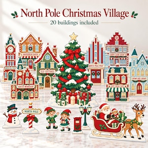 May include: A North Pole Christmas Village set featuring 20 buildings, including a gingerbread bakery, elf cottage, Santa's workshop, North Pole post, candy cane shop, and snowflake library, plus a central Christmas tree, snowman, and Santa in a sleigh.