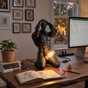 May include: A matte black table lamp shaped like a kneeling muscular figure with hands behind the head. The lamp features a glowing, warm-toned Edison-style light bulb positioned at the figure's waist, connected by a black power cord to a switch.