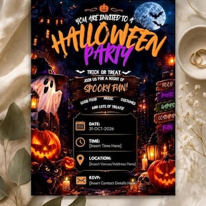 May include: A rectangular Halloween party invitation card featuring a dark night scene with a ghost, a black cat, jack-o'-lanterns, and a full moon. The text reads: You are invited to a Halloween Party, Trick or Treat, Spooky Fun, Date: 31-OCT-2026.