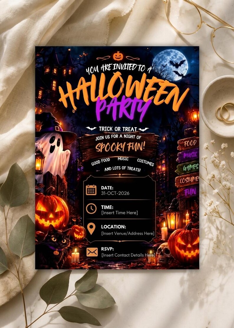 May include: A rectangular Halloween party invitation card featuring a dark night scene with a ghost, a black cat, jack-o'-lanterns, and a full moon. The text reads: You are invited to a Halloween Party, Trick or Treat, Spooky Fun, Date: 31-OCT-2026.