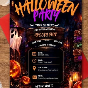 May include: A Halloween party invitation card featuring a haunted house, a ghost in a witch hat, jack-o'-lanterns, and a black cat. The text reads: You are invited to a Halloween Party, Trick or Treat, Spooky Fun, Date: 31-OCT-2026, and We Can't Wait to Celebrate with You.