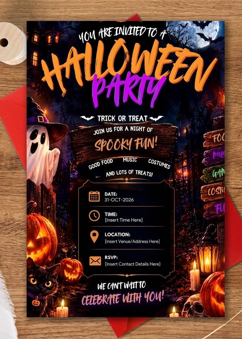 May include: A Halloween party invitation card featuring a haunted house, a ghost in a witch hat, jack-o'-lanterns, and a black cat. The text reads: You are invited to a Halloween Party, Trick or Treat, Spooky Fun, Date: 31-OCT-2026, and We Can't Wait to Celebrate with You.