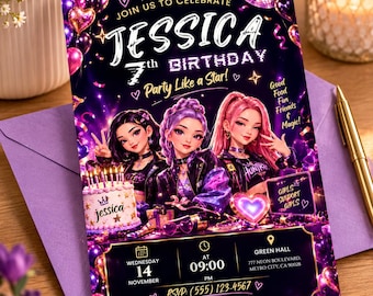 May include: A rectangular birthday invitation for Jessica's 7th birthday party featuring three illustrated characters, a cake, and purple disco-themed graphics. The text includes event details, date, time, location, and RSVP information.